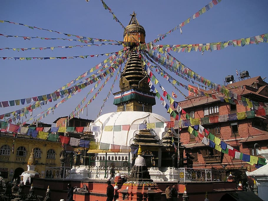 色とりどり, ペナントフラグ, 屋外, ネパール, 仏舎利塔, 聖, 祈りのフラグ, 仏教, カトマンズ, チベット文化