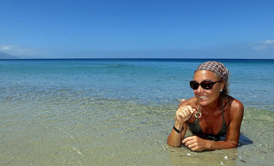woman, sunbathing, water, beach, sea, female, woman on beach, sand, holiday, land
