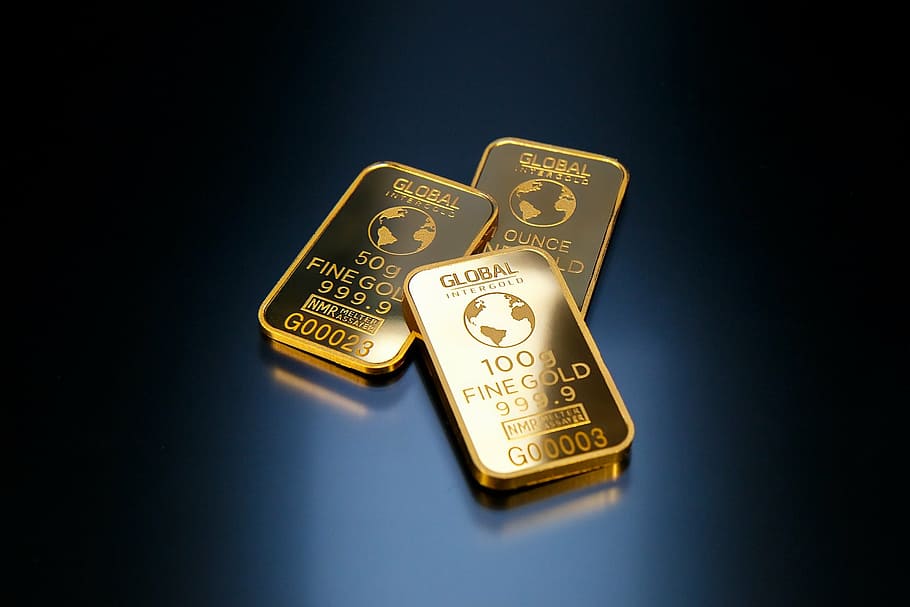 three, 100 g, fine, gold bars, gold, gold is money, business, money, global intergold, investment