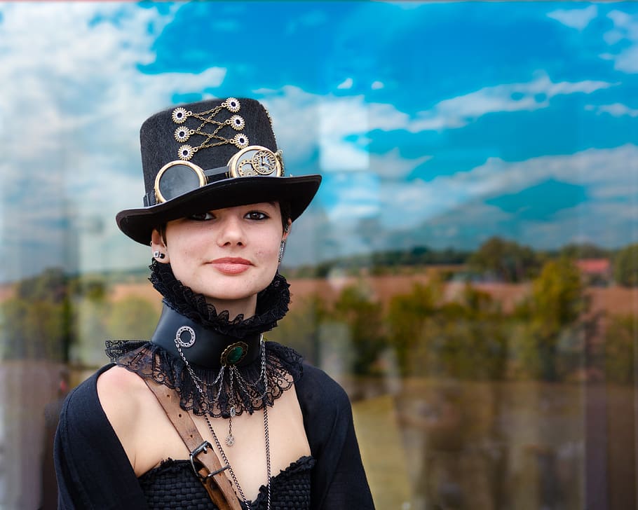 cosplay, festival, france, cider, dragon, young, woman, pretty, hat, steampunk