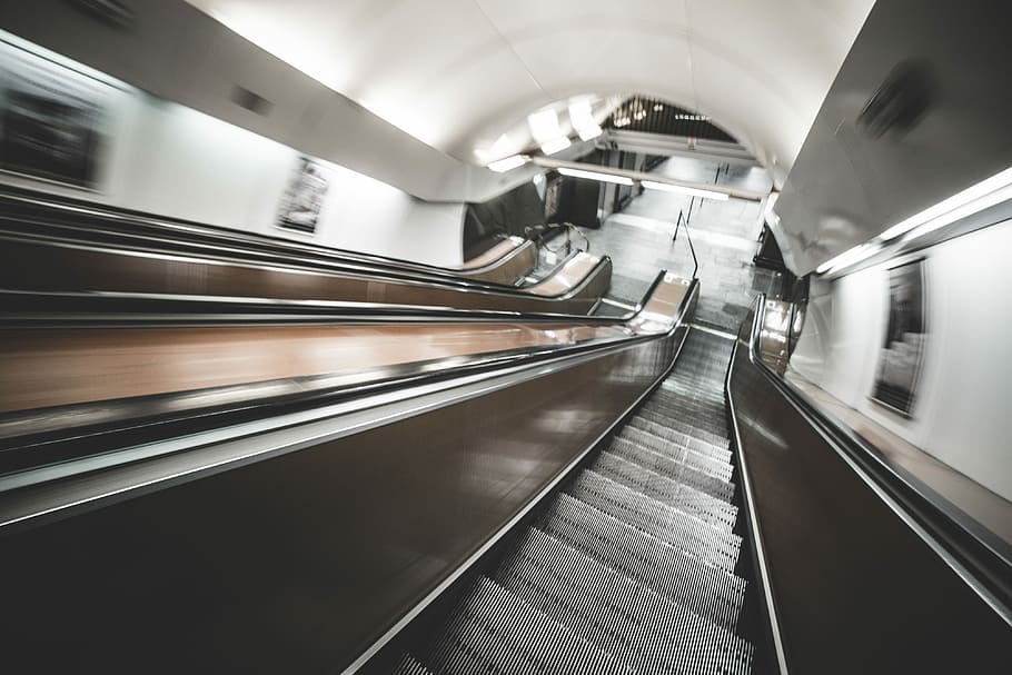 movimento, Underground, Escada rolante, em movimento, embaçada, metro, transporte público, escadas, transporte, metrô Estação