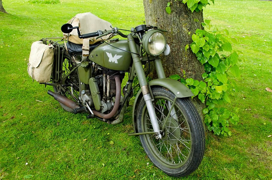 Verde, estándar, motocicleta, estacionado, al lado, árbol, viejo, bicicleta, motor, clásico