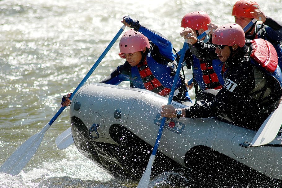 four, person, riding, raft boat, daytime, whitewater, rafting, competition, team, military