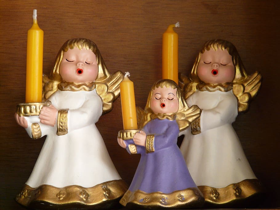 three, angels, ceramic, figurine decors, angel, choir, sing, candles, christmas, garment