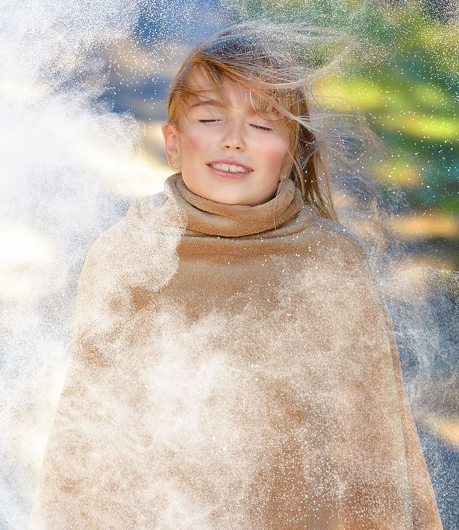 woman, wearing, brown, cape, person, human, female, girl, face, wind