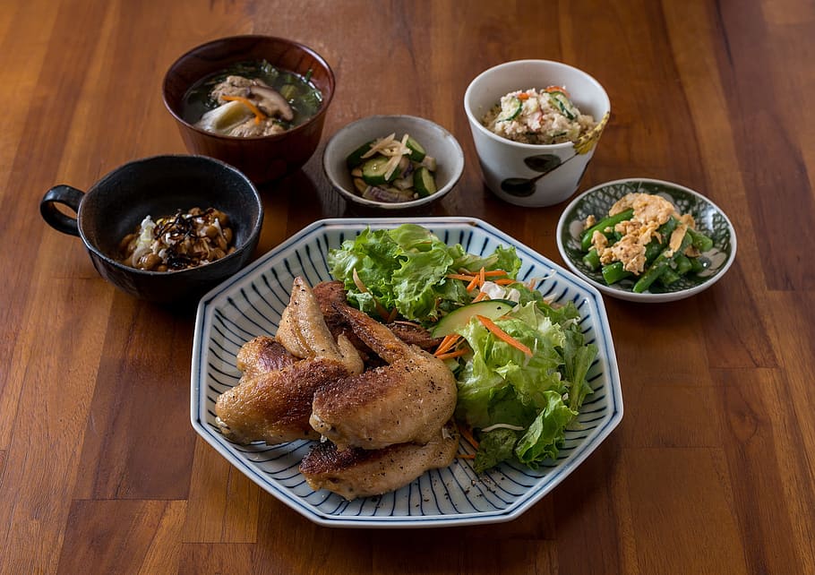 튀김, 닭 날개, 화이트, 세라믹, 그릇, 음식, 요리, 일본 음식, 고기, 치킨