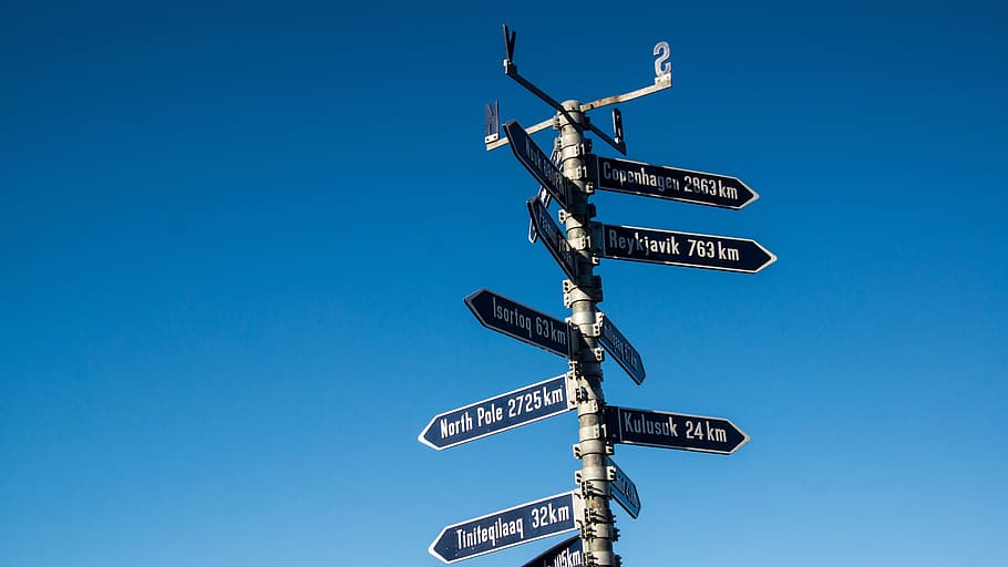 bajo, vista de ángulo, señalización vial, letrero, ártico, Groenlandia, polo norte, señal, distancia, dirección