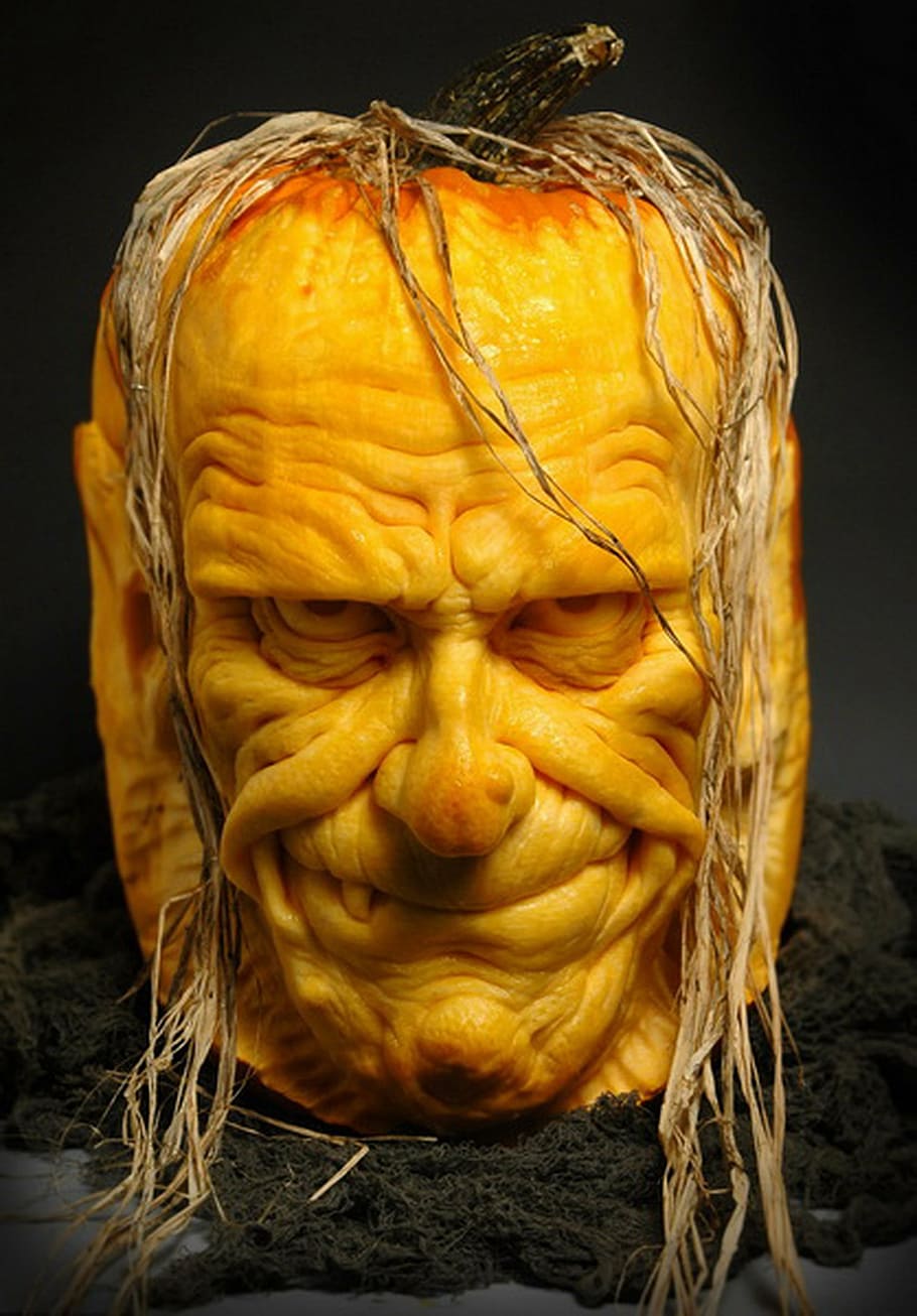 man, face, carved, pumpkin, black, floor, sculpted, halloween, spooky, horror