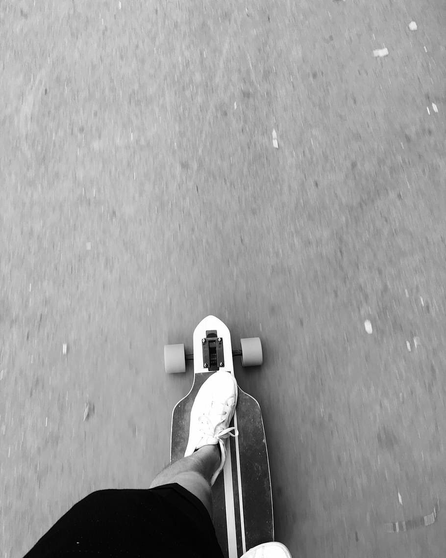 longboard, road, shoes, ride, skateboard, one person, real people, human body part, human leg, low section