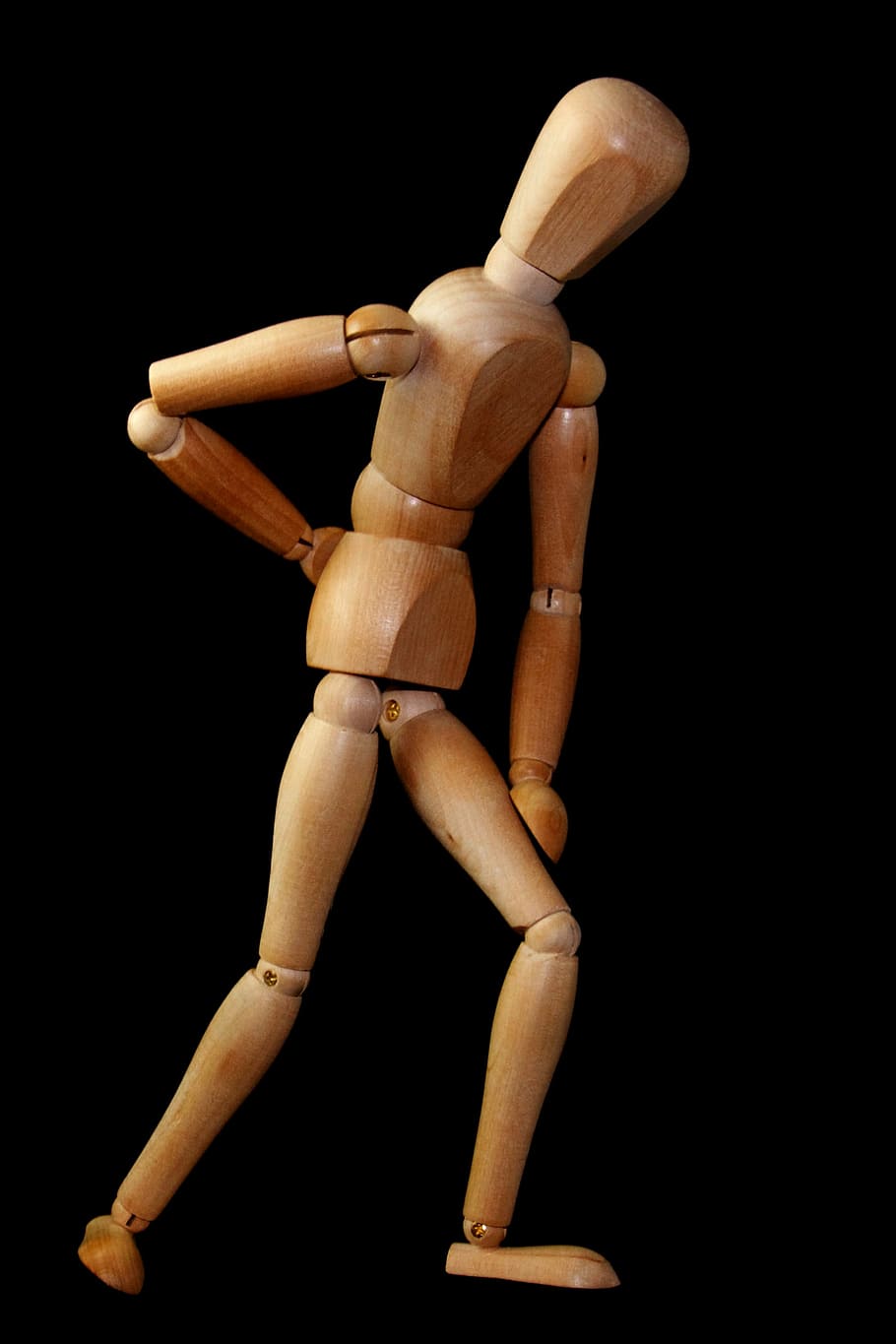 brown, manikin, black, background, figure, man, stand, back pain, sciatica, dorsalgia