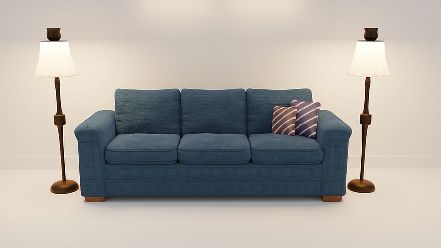 blue, 3-seat, 3- seat sofa, two, brown, floor lamps, sofa, 3d model, 3 seater, furniture