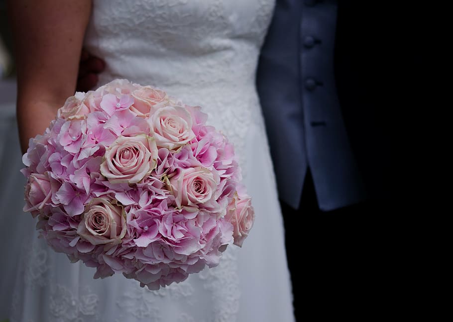 woman, white, dress, holding, pink, peach bouquet, flower, wedding, bridal bouquet, bouquet