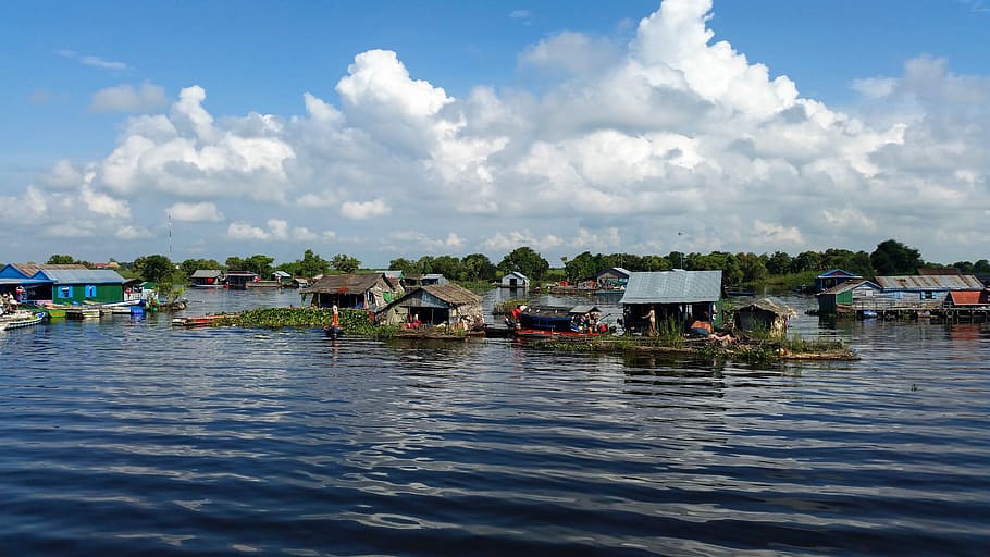 flutuante, chalé, ilha, Camboja, Ásia, Passeio de barco, de acordo com battambang, ilhas flutuantes, rio, nuvens