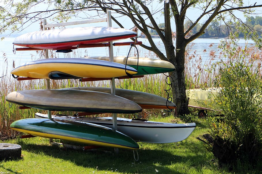 Storage, Boats, Canoeing, Store, colorful, day, absence, grass, tree, tranquility