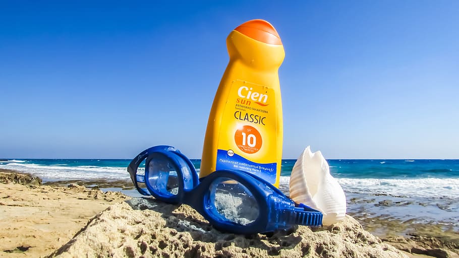blue, diving, goggles, orange, plastic bottle, summer, vacations, holidays, sun lotion, sun cream