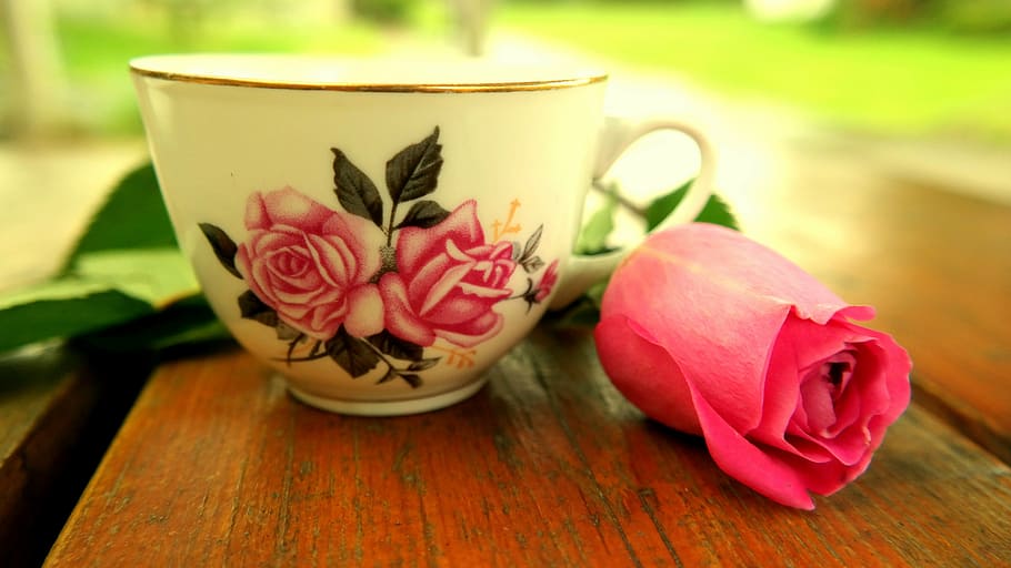 putih, merah muda, bunga, keramik, cangkir teh, di samping, mawar, mekar, tenang, minum teh