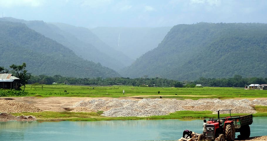 tractor, field, water, daytime, bisnakandi, sylhet, bangladesh, beauty, river, environment