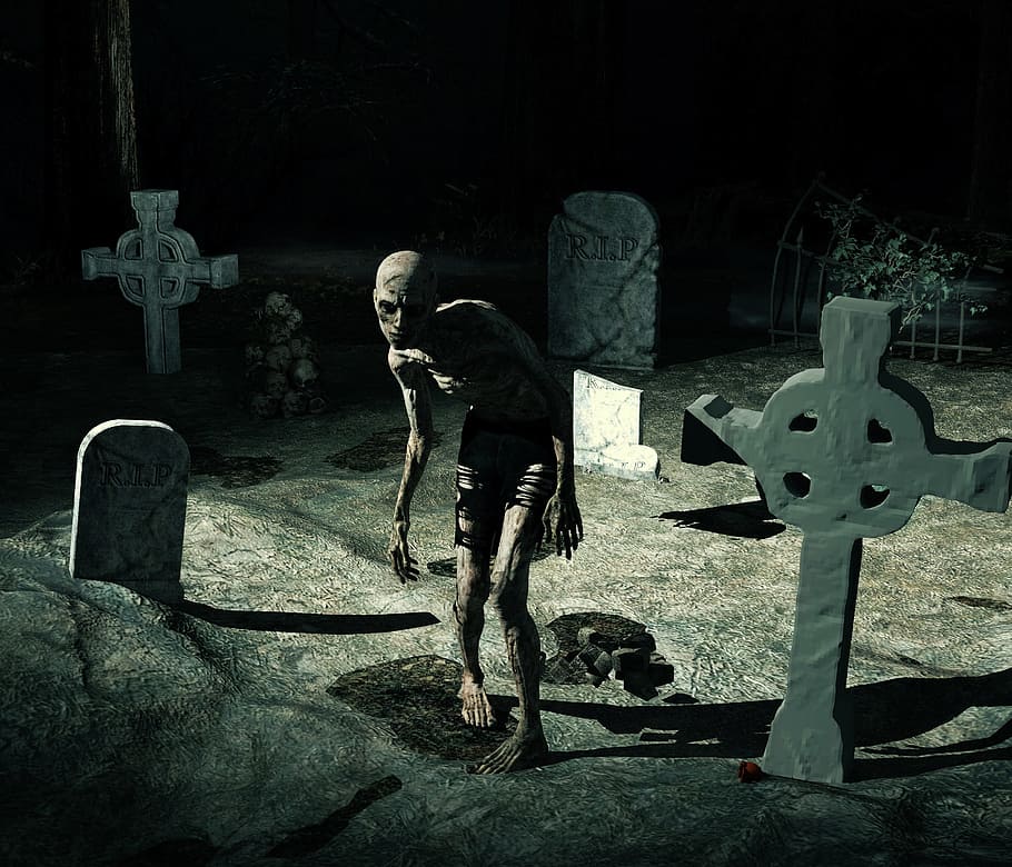 gris, cruz, decoración, al lado, humano, cementerio, zombie, horror, extraño, sombrío