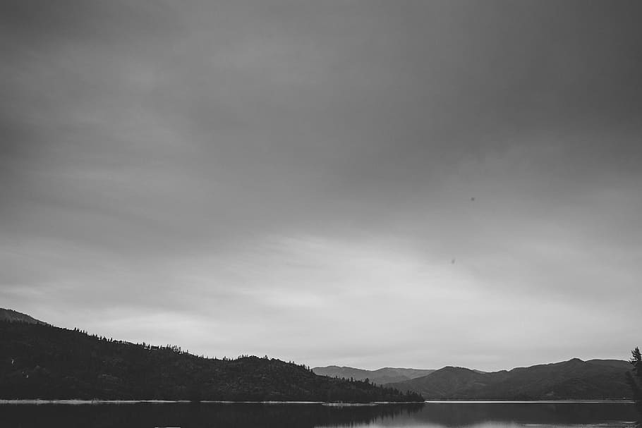 grayscale photo, mountain scenery, greyscale, large, body, water, landscape, mountains, hills, lake