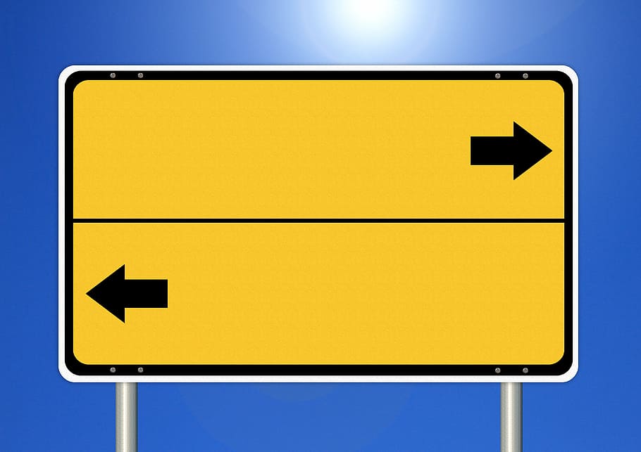 yellow road sign, shield, directory, right, next, direction, note, sky, sun, signposts