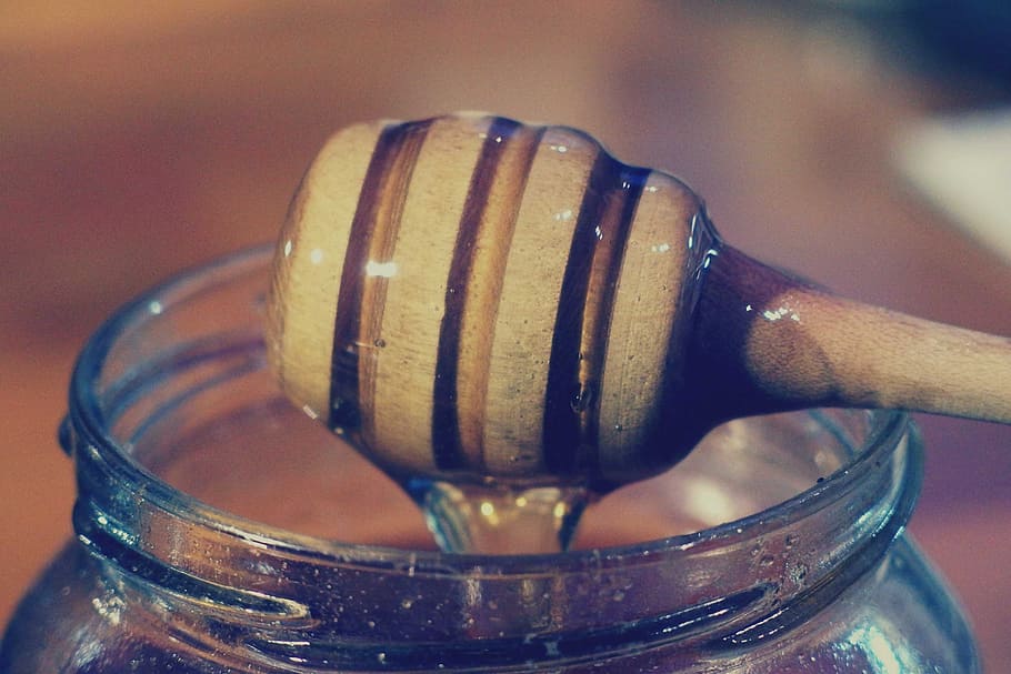 honey dipper, filled, jar, food, honey, close-up, focus on foreground, indoors, container, food and drink