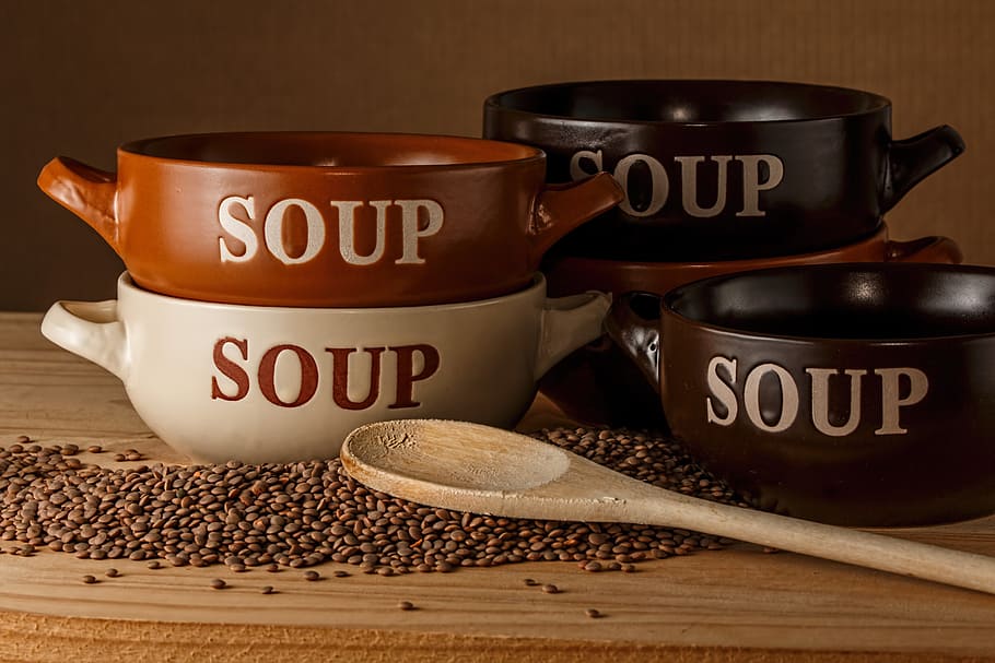 盛り合わせ, カラースープボウル, 茶色, 木製, スプーン, ベージュ, テーブル, 色, スープ, 木製スプーン