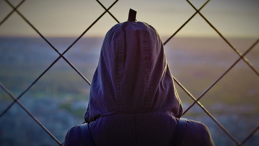 person, wearing, pink, jacket, facing, chain-link fence, human rights, paris, horizon, hood - clothing