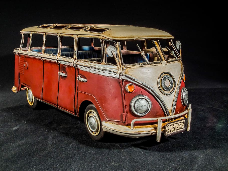 vintage, red, gray, van, sheet metal car, model car, vw bus, volkswagen, camper, camping bus
