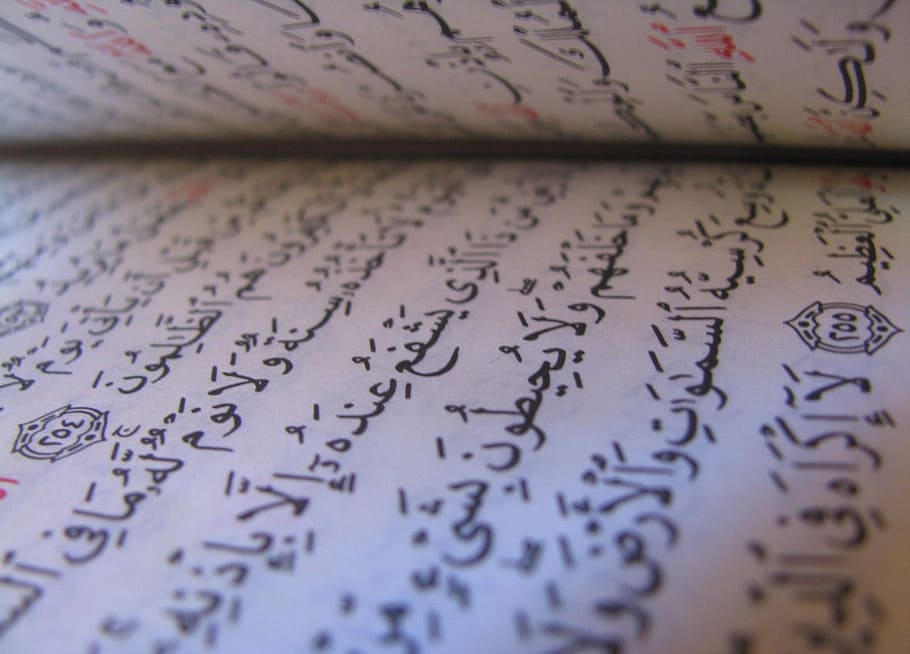 halaman buku, arab, teks, quran, suci, buku, islam, agama, muslim, pesan