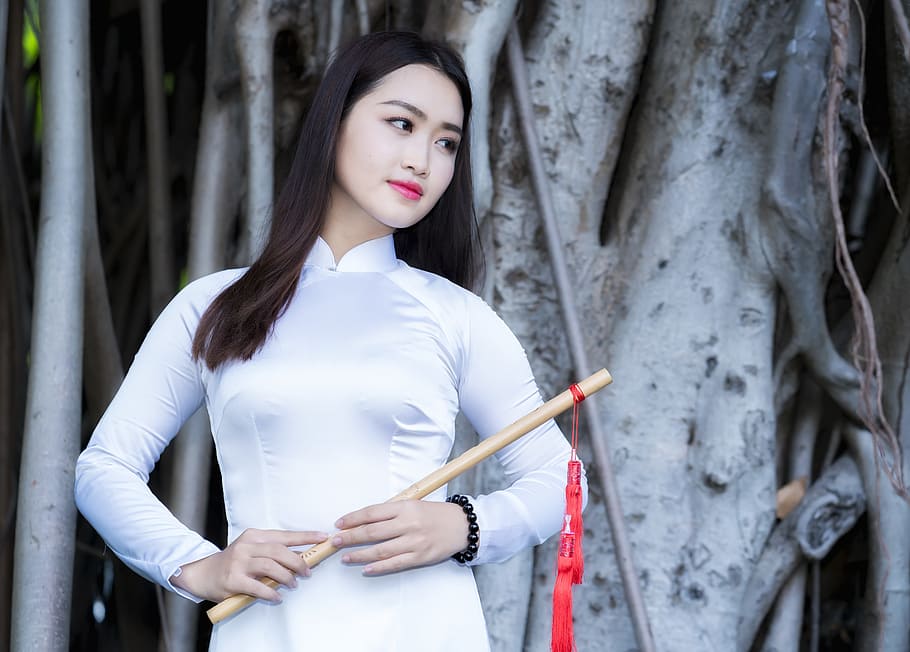 woman, holding, brown, wooden, flute, huy, pham, pham huy, one person, young adult