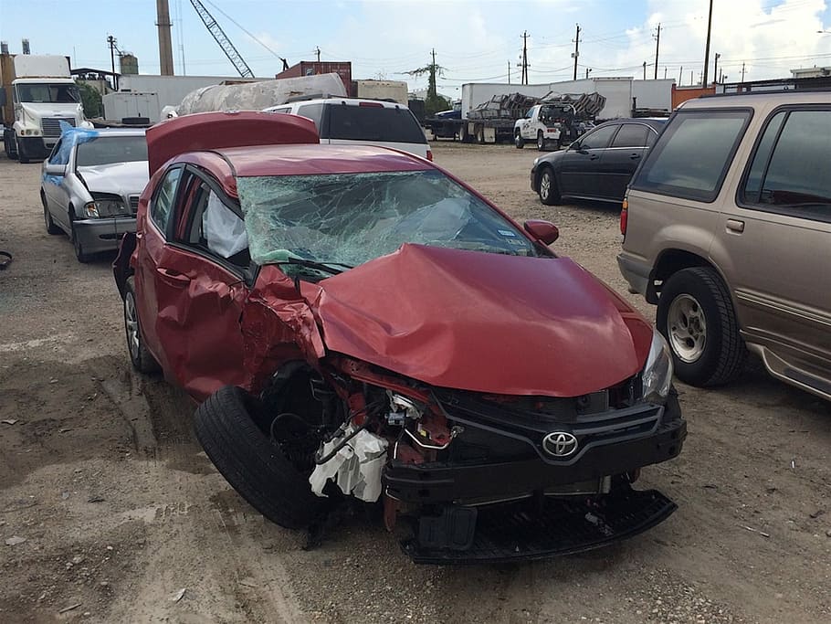 red toyota car, Car Wreck, Accident, Vehicle, Damage, collision, injury, auto accident, car crash, insurance