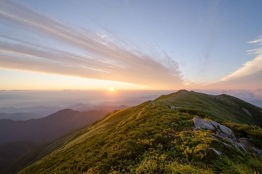 green, mountain, sunset, iide mountain, japan, sunrise, morning glow, landscape, mountain climbing, hiking