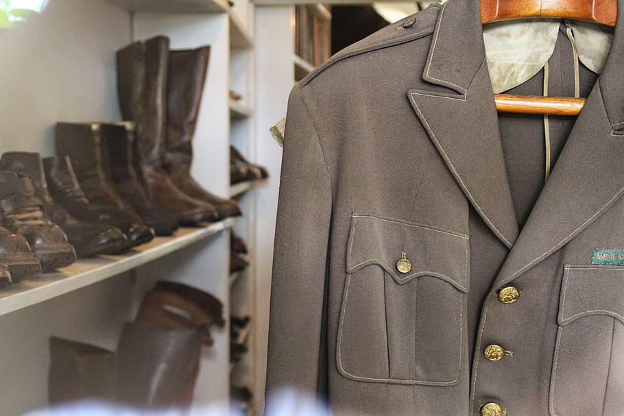 uniform, military, hemingway, clothing, store, fashion, indoors, business, retail, suit