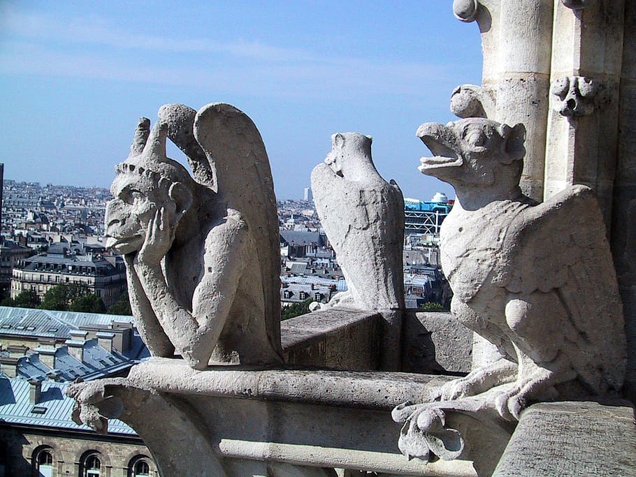gray concrete gargoyle, notre dame, paris, france, notre-dame, tourism, cathedral, gargoyle, gargoyles, view