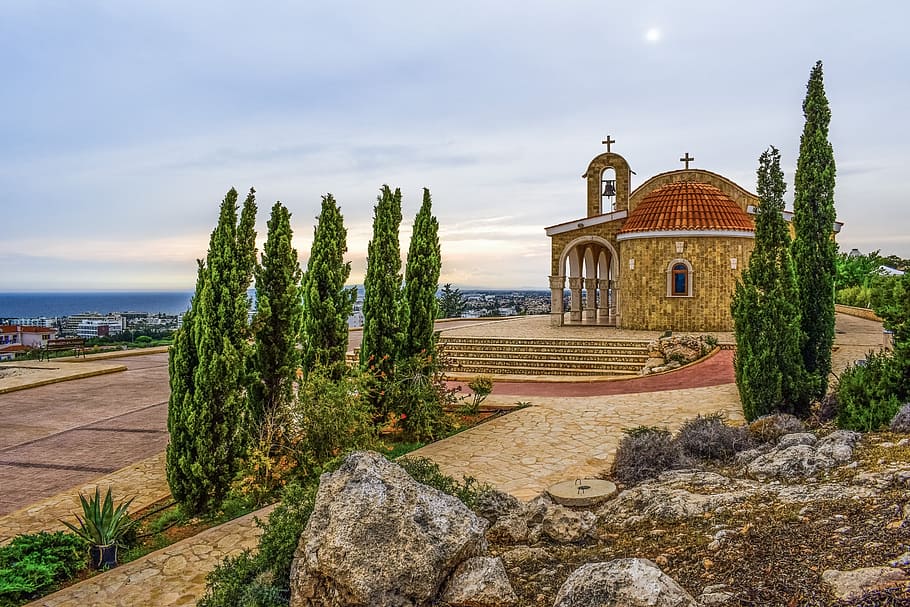 Church, Landscape, Cypress, Scenery, afternoon, ayios epifanios, ayia napa, cyprus, architecture, sky