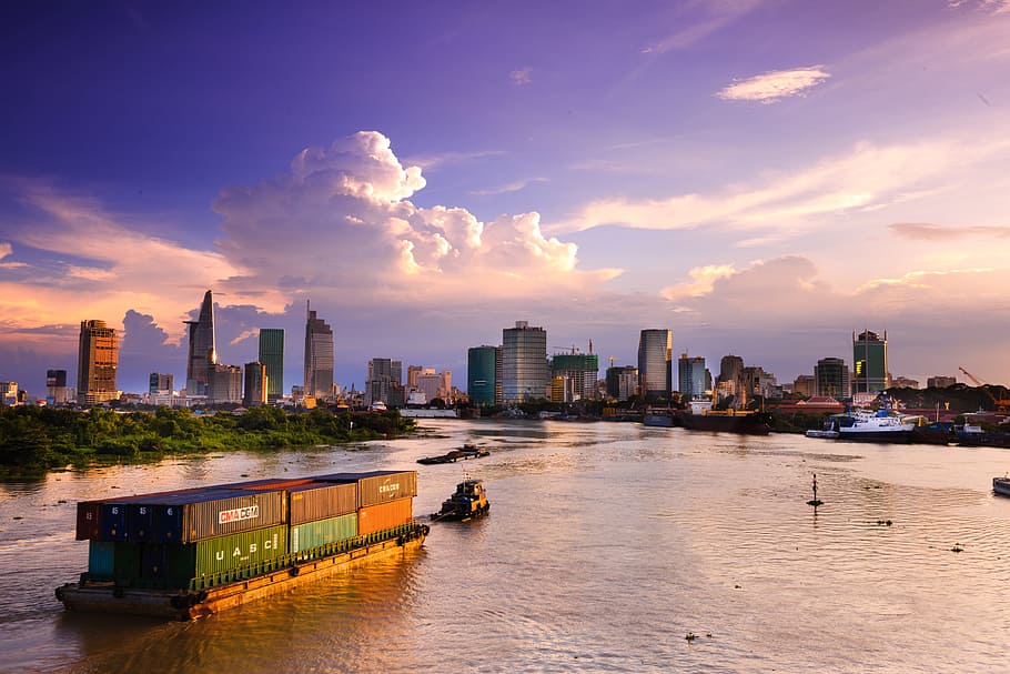 cargo vessel, intermodal, containers, body, water, high-rise, buildings, ho chi minh, city, vietnam