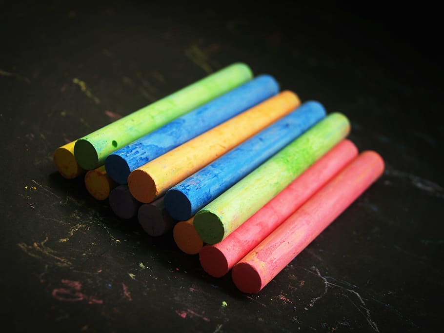 assorted-color chalks, chalk, color, red, teacher, yellow, line, leaf, blackboard, orange