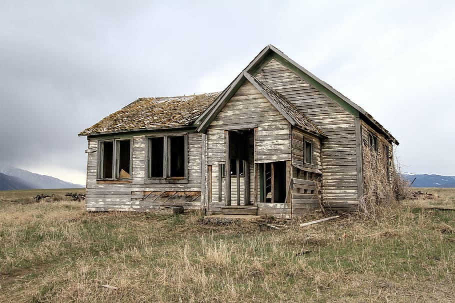 gray, wooden, house, greenfield, old farm house, decay, home, farm, architecture, rural