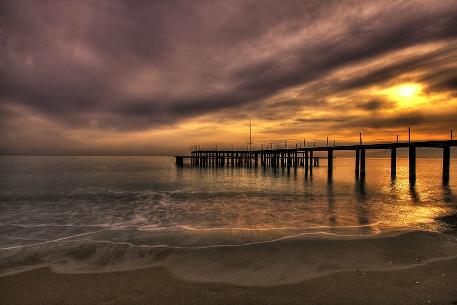 brown, wood dock, sunset, fog, loneliness, iskele, grief, sadness, landscape, marine
