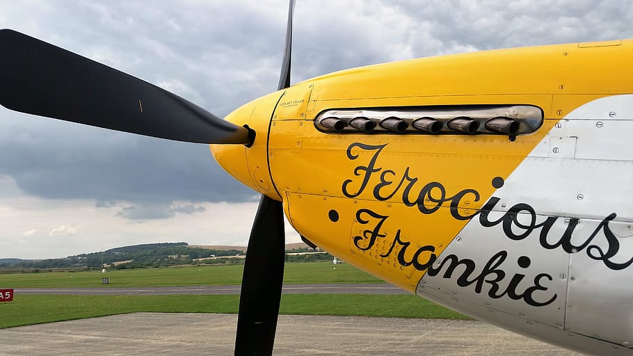 yellow, white, biplane, cloudy, sky, warbird, aircraft, p-51, transportation, outdoors