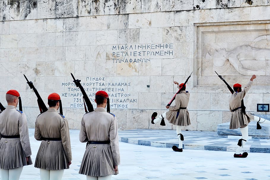 changing of the guard, greek parliament, athens, postcard, ancient city, greece, soldiers, cultures, history, people