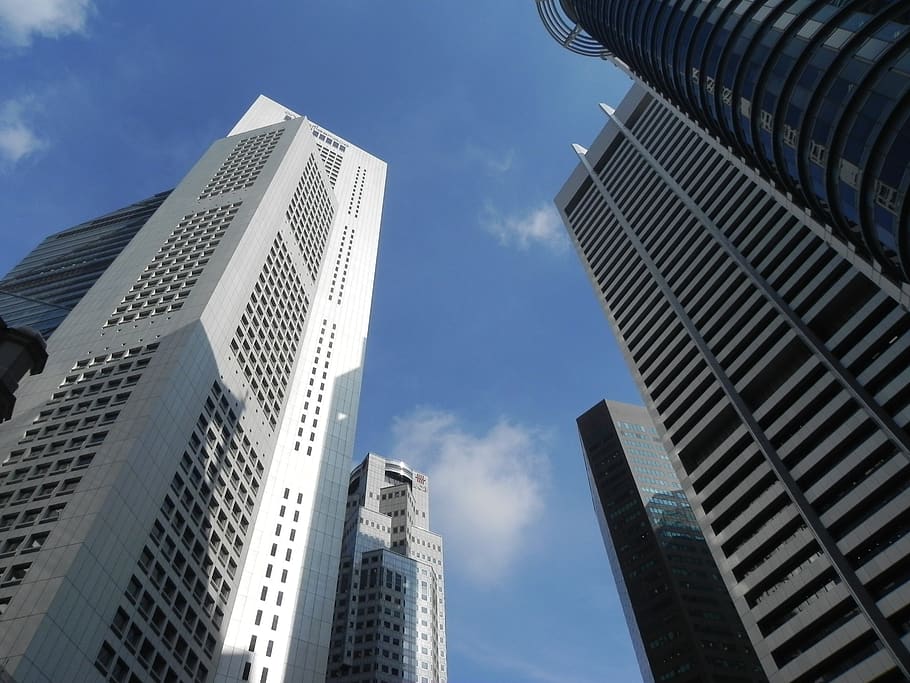 raffles place, asia, singapore, skyline, skyscrapers, architecture, built structure, low angle view, building, building exterior