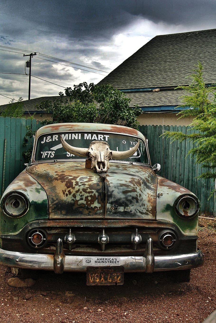 vintage, carro, automóvel, automotivo, abandonado, antigo, veículo, enferrujado, exterior, casa