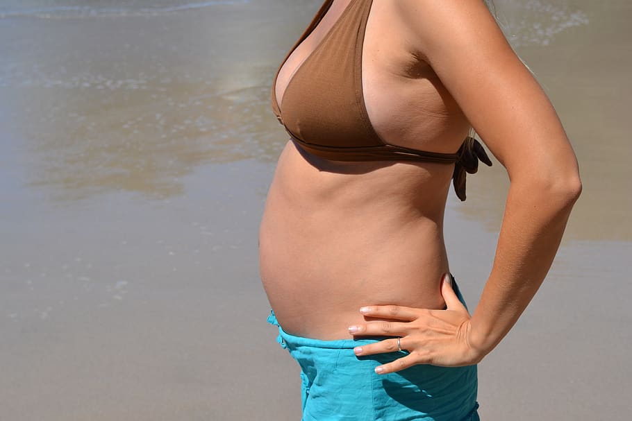 gravidez, maternidade, praia, pessoa, uma pessoa, em pé, mulheres, cintura, roupas, adulto