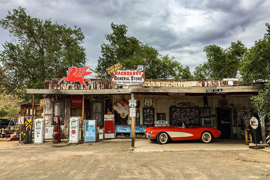 united states, route 66, america, old, gas station, architecture, built structure, building exterior, cloud - sky, transportation