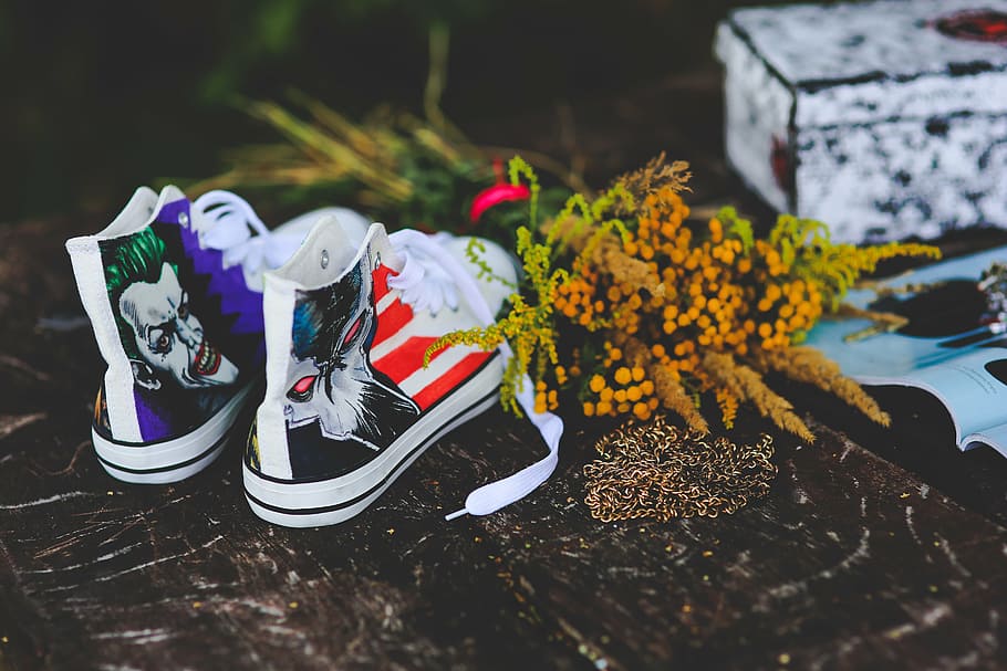 multicolored, batman high-top sneakers, flower, sneakers, painted, awesome, unusual, white, shoes, flowers