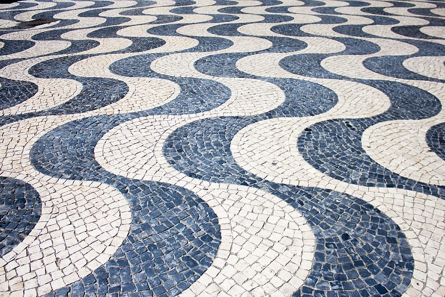 soil, mosaic, waves, pattern, tile, portugal, cascais, urban, architecture, city