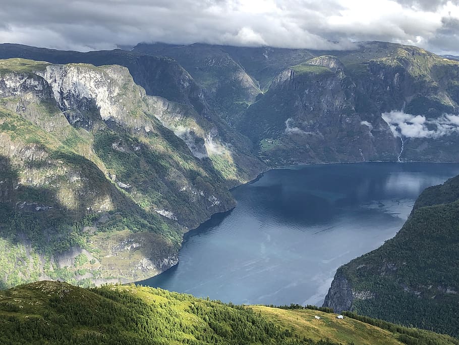 mountain, fjord, norway, nature, mountains, water, scenic, outdoors, clouds, undredal