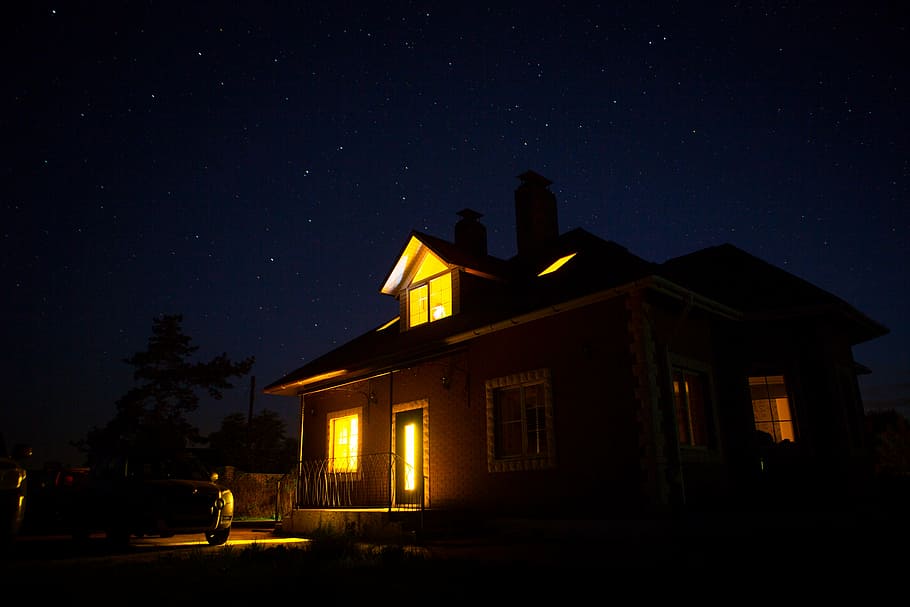brown, wooden, 2-storey, 2- storey house, open, lights, house under the stars, starry sky, house under the starry sky, night