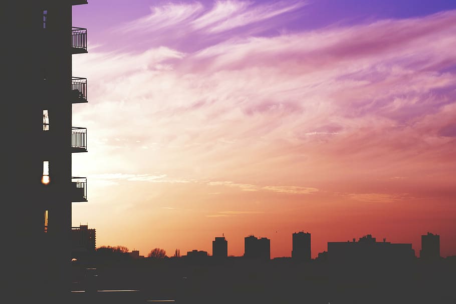 silhouette, high-rise, building, architecture, infrastructure, sunset, skyline, city, clouds, sky